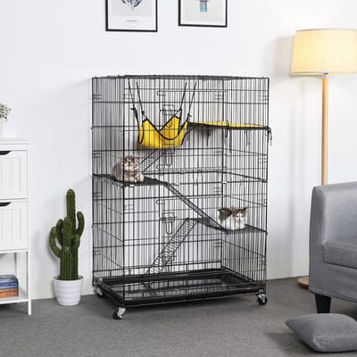 Kattenkooi met dubbele deur, rattenkooi met 3 niveaus, afneembare kooi voor kleine dieren, 123 x 80 x 55 cm, zwart HMTM-BC-10036-BLACK