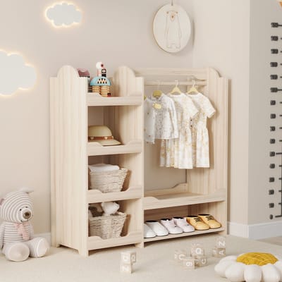 Wishdor - Kindergarderobe - Met Kledingroede En 4 Open Planken - Voor Kinderkamer - MDF - Naturel - 110 X 39 X 110 Cm