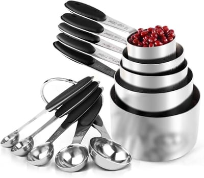 Famanu – Set van 10 roestvrijstalen maatbekers en maatlepels, duurzaam 18/8 RVS met extra dikke handgrepen, nauwkeurig meten voor koken en bakken