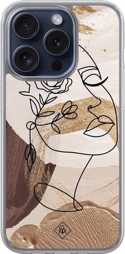 Casimoda® hoesje - Geschikt voor iPhone 15 Pro - Abstract Gezicht Bruin - 2-in-1 case - Schokbestendig - Geometrisch patroon - Verhoogde randen - Bruin/beige, Transparant