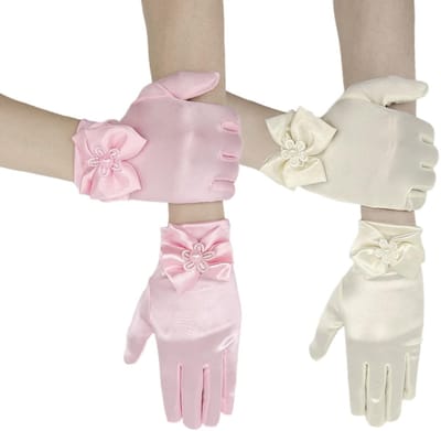 LAUZY- Handschoenen Prinses - 2 Paar - Satijnen Handschoenen - Beige/Roze - Kinderen - Ademend Materiaal - Comfortabel