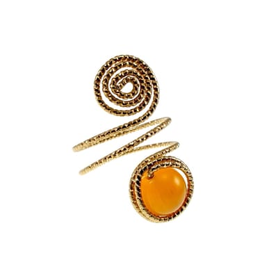 Ring Dames - Goudkleurig - Handgemaakte Aspiral en Amberkleur Kattenoogring - Verstelbaar Ring - One Size Ring