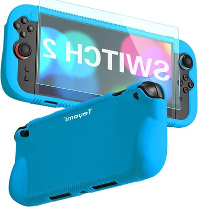 Schokbestendig siliconen hoesje voor Nintendo Switch 2 met ergonomische grip en gehard glazen schermbeschermer (Blauw)