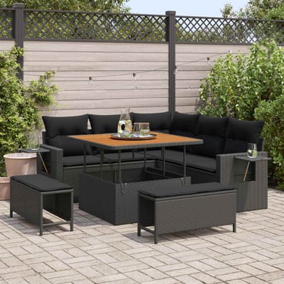 vidaXL - Tuinbank - Set - 9 - st - 8-Aantal - zitplaatsen - Zwart - poly - rattan