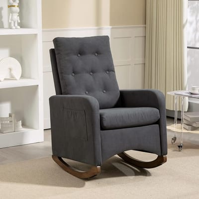 Schommelstoel – Gestoffeerde schommelstoel met zijzak – Babykamer glijstoel met hoge rugleuning en rubberhouten poten fauteuil – Comfortabele accentstoel voor woonkamer en slaapkamer – 86×66×65 cm – Grils