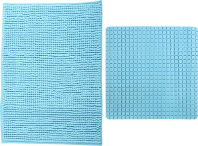 MSV Douche anti-slip mat en droogloop mat - Sevilla badkamer set - rubber/microvezel - lichtblauw
