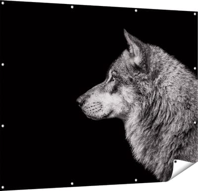 Gards Tuinposter Wolvenkop - Wolf - Zwart Wit - 150x120 cm - Tuindoek - Tuindecoratie - Wanddecoratie buiten - Tuinschilderij