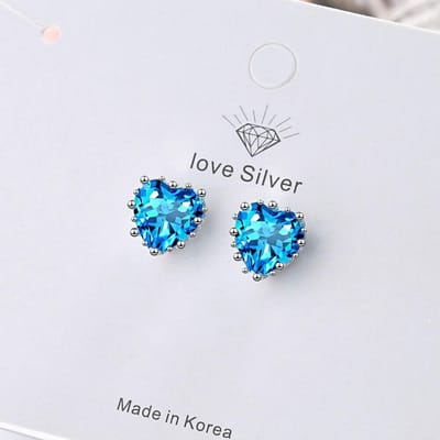 925 Sterling Zilver Liefde Hart Oorbel Luxe Vrouwelijke Kristal Blauwe Zirkonia Stud Oorbellen Voor Vrouwen Bruiloft Feest S-E1039 blue