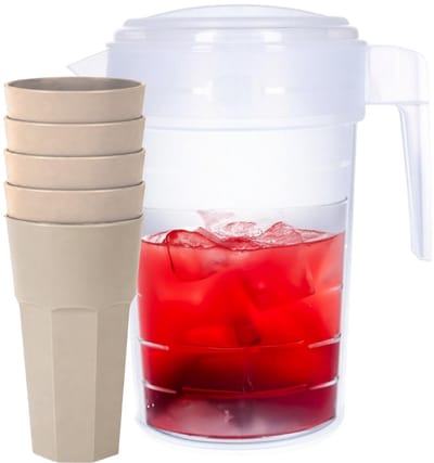 Plasticforte Waterkan van 2 Liter - transparant - kunststof - met 5x stuks onbreekbare drinkglazen - beige - 600 ml