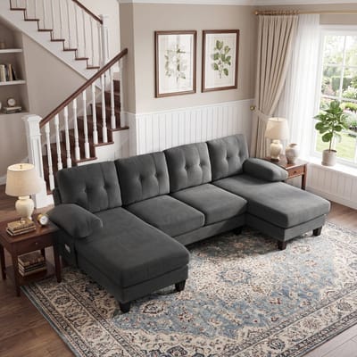 U-Bank, 4-Zitsbank, 4-zits U-vormige Bank met Chaise Longue, Moderne Bank Bekleed met Chenille, Slaapbank met Verstelbare Rugleuning, Gastenbank voor Woonkamer en Kantoor-Grijs