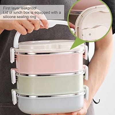 VT Goods - Thermische lunchbox - Roestvrij staal - Dubbele handgreep - Draagbaar - Voedselcontainer - Luchtdoorlatend - 3 lagen - Geschikt voor warm...