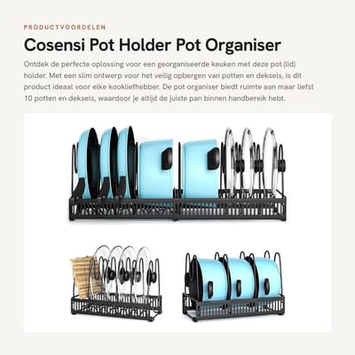 Dailygoods- Pothouder met 10 Potplaatsen - Dekselhouder - Keukenorganiser - Uittrekbare Steunen - Carbon Staal - 32.5 x 19.5 x 10 cm - Pannenhouder