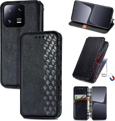 Luxe PU Lederen Ruitpatroon Wallet Case + PMMA Screenprotector voor Xiaomi 13 Pro _ Zwart