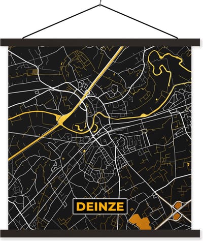 Posterhanger incl. Poster 60x60 cm - Schoolplaat - Deinze - Plattegrond - Goud - Stadskaart - Kaart - Textielposter - Zwarte latten - Stadskaart