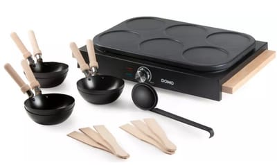 DOMO DO8716W Wok party set - 6 personen - Ook voor pannenkoeken - 1000 W - Houten details