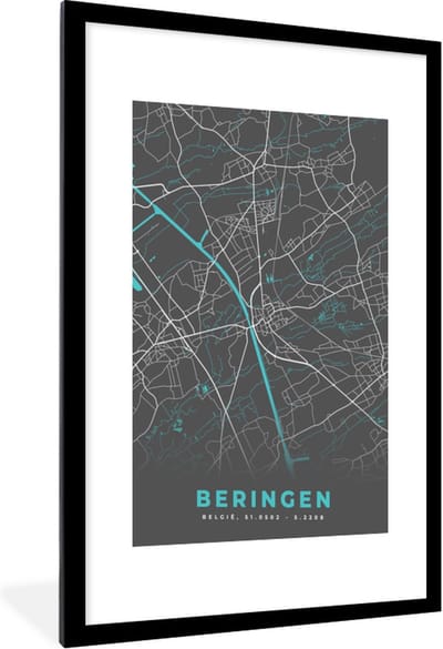 Fotolijst incl. Poster - Stadskaart – Grijs - Kaart – Beringen – België – Plattegrond - 60x90 cm - Posterlijst