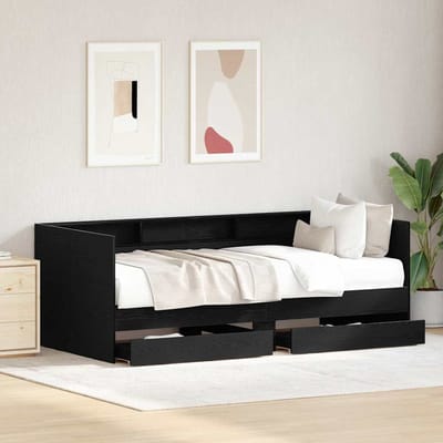 vidaXL - Dagbed - met - lade - met - plank - Zwart - Eiken - 90 - x - 200 - cm - Bewerkt - hout