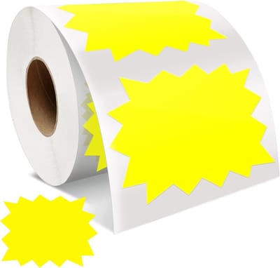 Gele prijsstickers 500 stuks, 75mm x 100mm, zelfklevende grote sterburst labels, verwijderbare en waterdichte verkoopstickers voor winkels en supermarkten