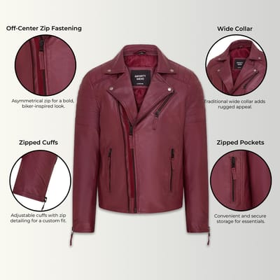 Heren bordeaux brando leren bikerjack met dubbele kruisrits - Fagernes