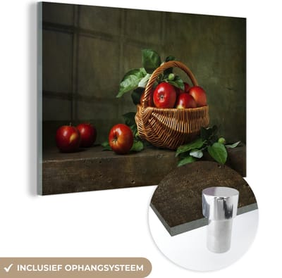 MuchoWow® Glasschilderij 150x100 cm - Schilderij acrylglas - Rustiek - Appel - Fruit - Rood - Mand - Stilleven - Foto op glas - Schilderijen