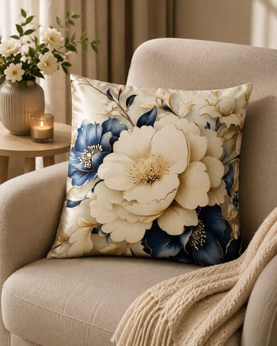 Blue Blossom Collection kussenhoes - bloemen - blauw - crème - 45x45 cm