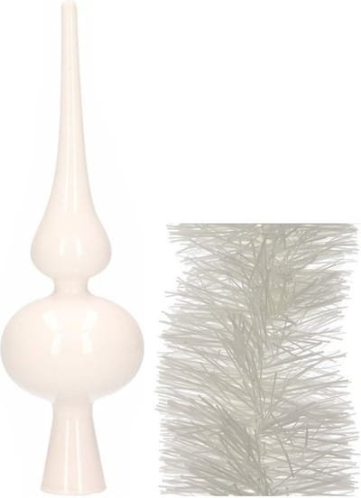 Kerstversiering glazen piek glans 26 cm en folieslingers pakket winter wit van 3x stuks - Kerstboomversiering
