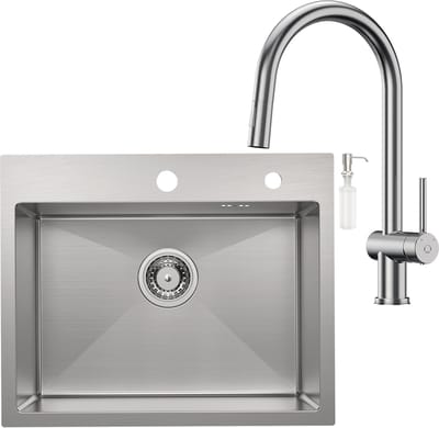 CECIPA MAX Spoelbak voor keuken 55x45 - Spoelbak Keuken Met Keukenkraan Met Uittrekbare Uitloop - Spoelbak Met Kraangat - Spoelbakken Keuken RVS – Spoelbak met Afdruipgedeelte - Zilver