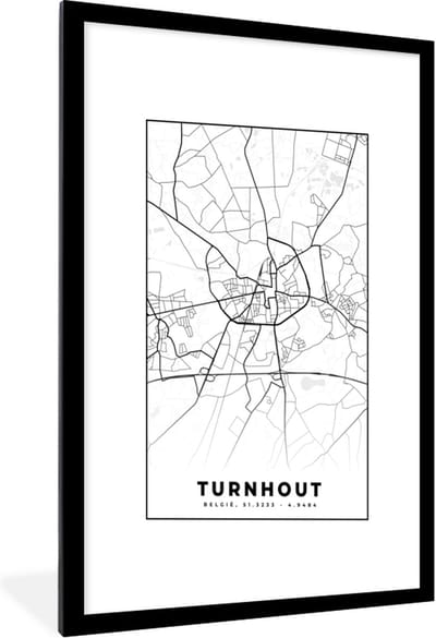 Fotolijst incl. Poster Zwart Wit- Stadskaart – Zwart Wit - Kaart – Turnhout – België – Plattegrond - 60x90 cm - Posterlijst
