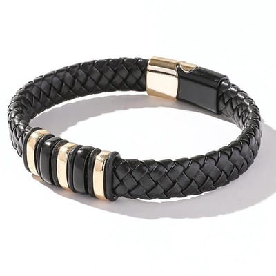 Armband Heren - Zwart Leer met Goud kleurige Accenten - Lederen Armbanden - Papa Cadeau Voor Mannen - Vaderdag