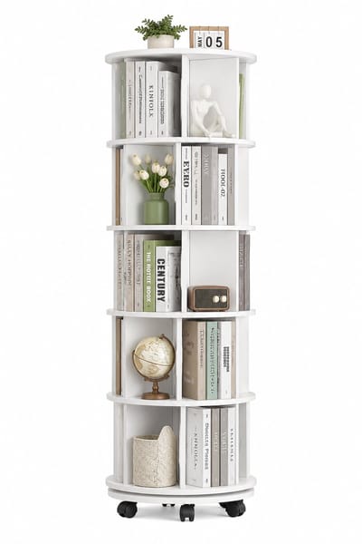 Home & Beyond® Draaibare Boekenkast 360° met 5 Lagen en Wielen - Smal Roterend Boekenrek - Wit - 161,5 cm
