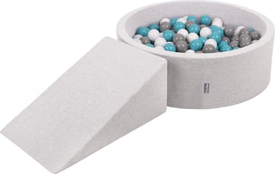 KiddyMoon Speeltoestel met Ramp Ballenbad - 7cm 100 Ballen - Ballenbak ballen voor baby's - Ballenbak voor kinderen - Hindernisbanen - Speelbad - Lichtgrijs: Grijs Wit Turkoois