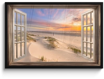Poster in lijst - Fotolijst 90x60 cm - Posters - Doorkijk - Strand - Duinen - Natuur - Landschap - Posterlijst zwart - Decoratie - Wanddecoratie woonkamer - Muurdecoratie slaapkamer