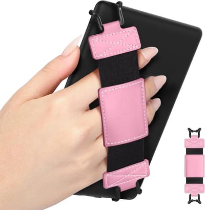 Zachte Handriem voor 6-8 Inch E-Readers en Tablets - Verstelbare Polsband, Lichtgewicht Vinger Grip, Geschikt voor Kindle, Kobo en Sony E-Book Readers, Zwart/Pink