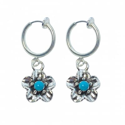 Klem oorbellen -turquoise- bloem -zilverkleur-geen gaatje-Charme Bijoux