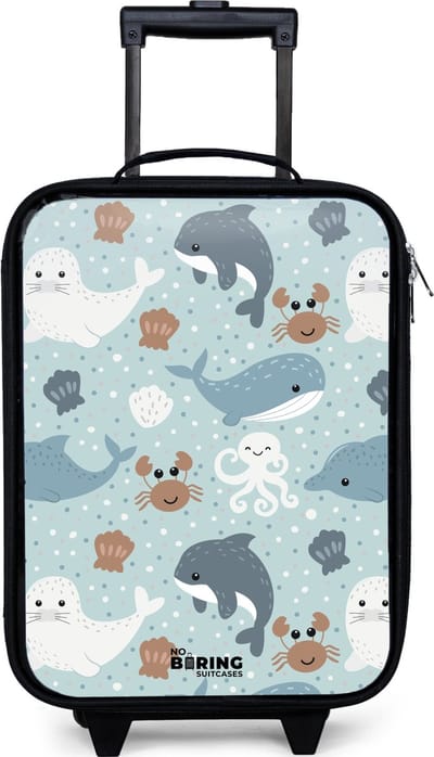 NoBoringSuitcases.com® - Kinderkoffer jongen - Kindertrolley meisje - Zee dieren patroon kleurrijk - Koffer kind lichtgewicht - Reiskoffer trolley voor kinderen - Koffertje met lichtgevende wieltjes - Rolkoffer zwart
