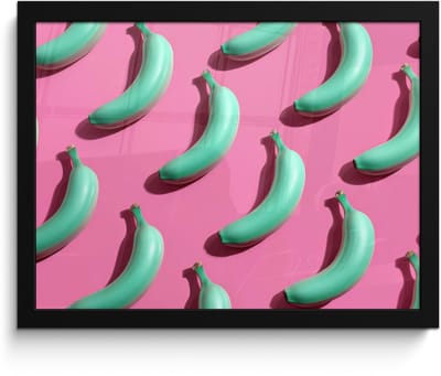 Poster in lijst - Fotolijst 40x30 cm - Posters - Bananen - Patroon - Blauw - Roze - Posterlijst zwart - Decoratie - Wanddecoratie woonkamer - Muurdecoratie slaapkamer