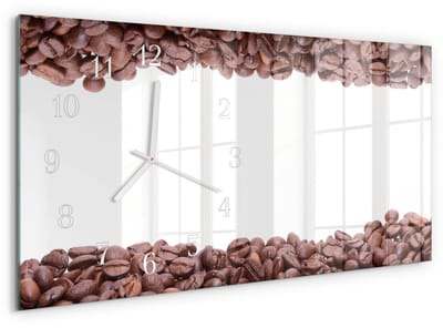 Tulup Wandklok - Koffiebonen Moderne Wandklok Glas - 60x30 cm - Bruin Wandklok Glas Decoratie - Witte Handen - Rechthoekige Wandklok - Gekleurde Glazen Klok - Glazen Klok Met Print