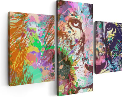 Artaza Canvas Schilderij Drieluik Gekleurde Leeuw - Abstract - 90x60 - Foto Op Canvas - Canvas Print