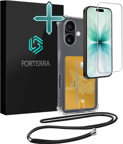 Hoesje Geschikt voor iPhone 17 Pashouder Case Siliconen Hoes Met Koord Met Screenprotector - Hoes Geschikt voor iPhone 17 Met Telefoonkoord Hoesje Back Cover Met Pasjeshouder - Transparant