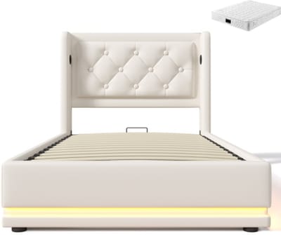 Gotagee Gestoffeerd bed 90x200cm eenpersoonsbed (met matras) wit PU hydraulisch opbergbed met USB Type-C oplaadfunctie en 3-zijdige LED-functie