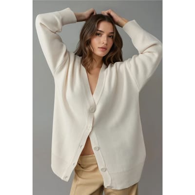 Oversized Geribde V-Hals Knopen Cardigan
