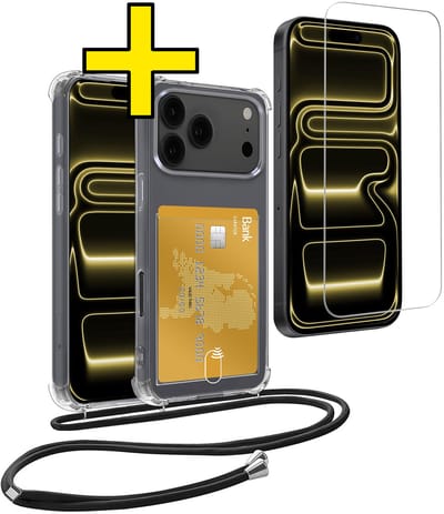 Hoesje Geschikt voor iPhone 17 Pro Telefoonhoesje Met Koord Case Pashouder Met Screenprotector Siliconen - Hoes Geschikt voor iPhone 17 Pro Hoesje Met Kaarthouder - Transparant