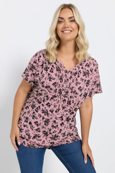Yours Set Van Twee Paar Katoenen Tops Met Bloemenmotief En Plooitjes In Roze/Wit Size 54-56