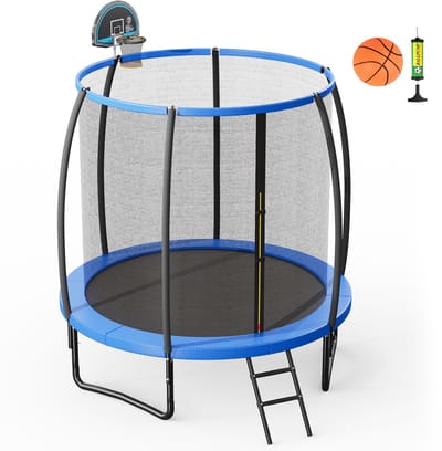 COSTWAY φ 244 / 305 cm trampoline outdoor, tuintrampoline met ladder, complete trampoline met basketbal, springmat, veiligheidsnet en randafdekking