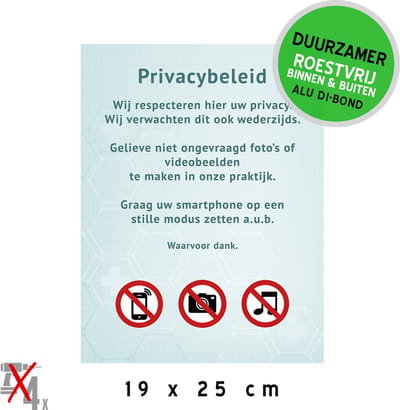 Pictogram/ bord Dibond | Privacybeleid (voor praktijken) | 19 x 25 cm | Geen foto's maken | Smartphone op stil | Privacy respecteren | Wachtzaal | Praktijk | Wachtruimte | Dokter | Tandarts | Consultatie | 1 stuk