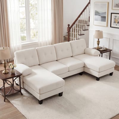 U-Bank, 4-Zitsbank, 4-zits U-vormige Bank met Chaise Longue, Moderne Bank Bekleed met Chenille, Slaapbank met Verstelbare Rugleuning, Gastenbank voor Woonkamer en Kantoor-Beige