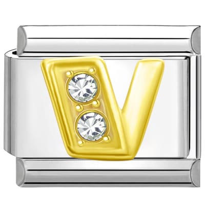 Quiges - Schakel - Bedel - 9mm - charms - Goud - Zirkonia - alfabet - letter V - Geschikt voor - armband - Schakelarmband - italy bedels armband