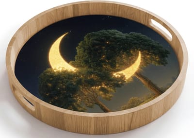 Dienblad rond 40x40 cm - Schootdienblad hout - Maan - Bomen - Rust - Borrelplank rechthoek - Plateau houten dienbladen