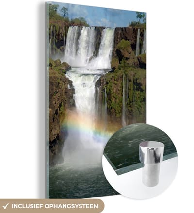 ® Glasschilderij 120x180 cm - Schilderij acrylglas - Iguacu-watervallen met een regenboog - Foto op glas - Muurdecoratie woonkamer - Wanddecoratie slaapkamer - Schilderijen