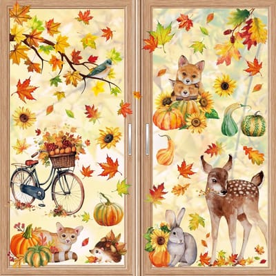 68 stuks zelfklevende herfst raamstickers- herbruikbare raamdecoratie voor Thanksgiving zonder lijm - decoratie met esdoornbladeren, pompoenen en dieren